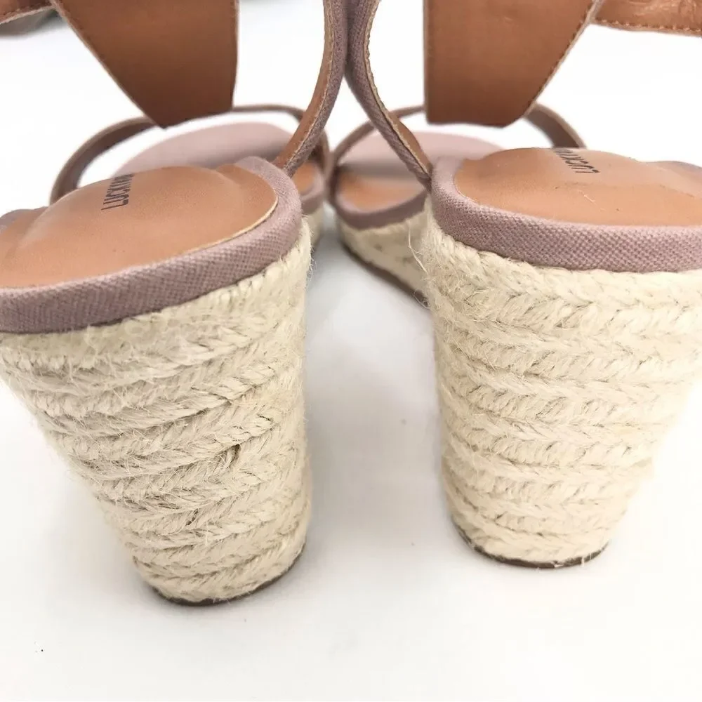 Lucky Brand Millinda Pink Espadrille T Strap Wedge Sandal in Antler Canvas
